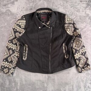 Yoki Moto Jacket Women's 2XL Black Aztec Tapestry Wool Blend Cropped Biker